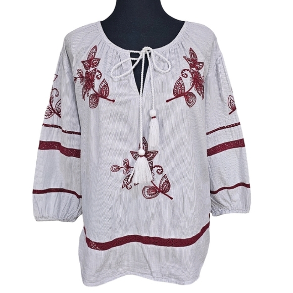 Velvet By Graham & Spencer Boho Cotton Embroidered Beaded Striped Peasant Top M - Picture 1 of 16